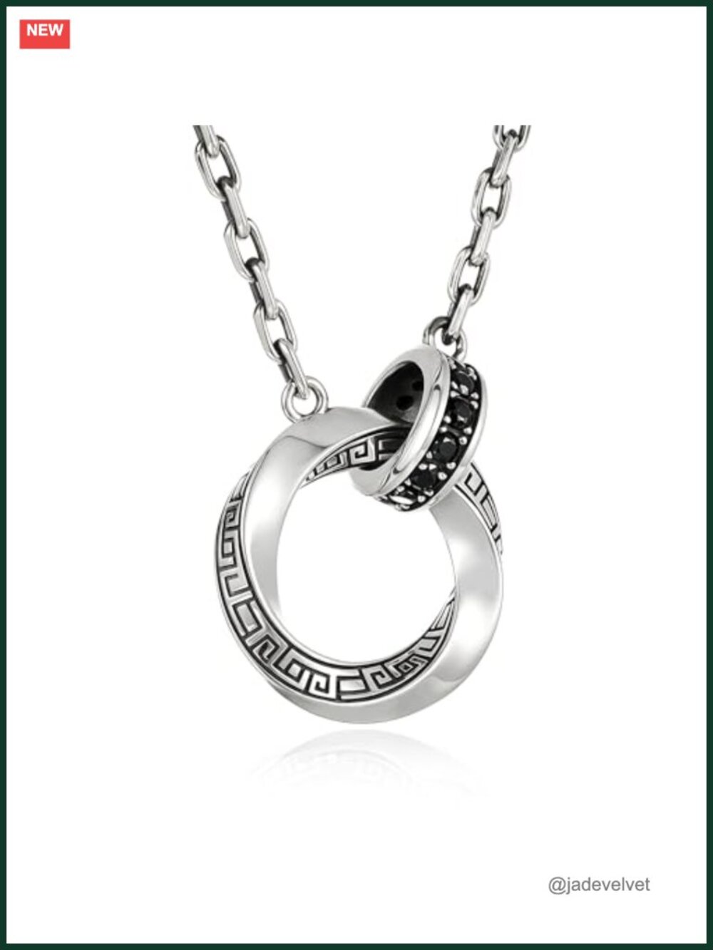 Men's Mobius Necklace Double Ring Onyx Pendant Hypoallergenic Sterling Silver 22